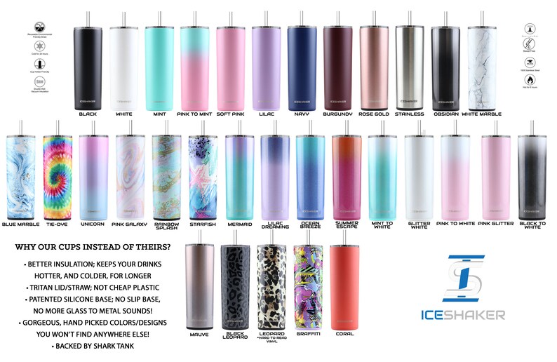 May include: A variety of 20 oz stainless steel tumblers with different colors and designs. The tumblers are arranged in rows and include designs such as tie-dye, galaxy, mermaid, and leopard print. The text "WHY OUR CUPS INSTEAD OF THEIRS?" is at the top of the image. The text "ICESHAKER" is at the bottom of the image.