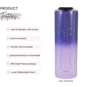 May include: A lilac and purple ombre stainless steel tumbler with a black lid and the text "SHAKER" on the side. The tumbler has a triple insulated design, a thicker silicone base, and is BPA and lead free. It is available in the color lilac dreaming only.