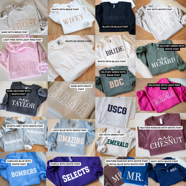 Puede incluir: Una colecci&oacute;n de 16 sudaderas con varios colores y dise&ntilde;os de texto. El texto incluye nombres, frases y fechas. Las sudaderas est&aacute;n dispuestas en una cuadr&iacute;cula.