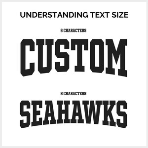 May include: A white graphic with the text "UNDERSTANDING TEXT SIZE" in black. Below, the word "CUSTOM" is displayed in a bold, black font, followed by "SEAHAWKS" in a similar style. The text is centered on the white background.