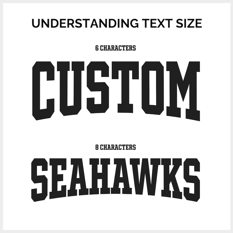 May include: A white graphic with the text "UNDERSTANDING TEXT SIZE" in black. Below, the word "CUSTOM" is displayed in a bold, black font, followed by "SEAHAWKS" in a similar style. The text is centered on the white background.