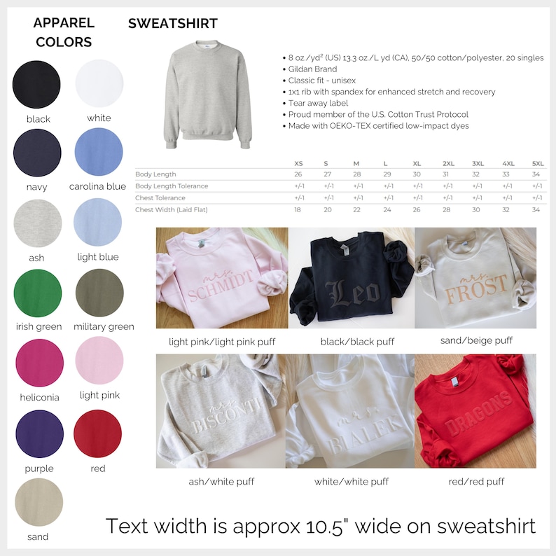 Puede incluir: Imagen de producto que muestra una variedad de sudaderas en diferentes colores, incluyendo negro, blanco, azul marino y rojo. La imagen muestra los colores disponibles, las tablas de tallas y ejemplos de opciones de texto personalizadas. El ancho del texto es de aproximadamente 26,7 cm.