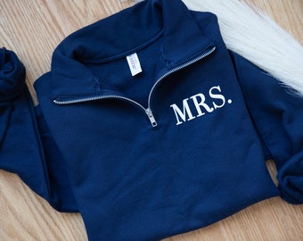 Embossed Honeymoon Set Mrs. Quarter Zip Mr. Quarter Zip Newly Married Set Honeymoon Outfit Mr. and Mrs. Joggers Couples Gift Last Name Bride