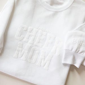 Cheer Mom Shirts Cheer Mom Sweatshirt Cheer Mom Sweater Personalized Puff Print Embossed Cheer Mom with Sleeve Text Cheer Mom Shirt Ideas