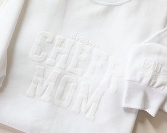 Cheer Mom Shirts Cheer Mom Sweatshirt Cheer Mom Sweater Personalized Puff Print Embossed Cheer Mom with Sleeve Text Cheer Mom Shirt Ideas