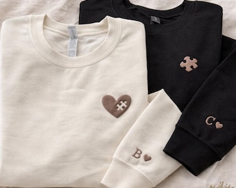Minimalist Couple Sweatshirt Personalized, Custom Initial Sleeve Hoodie, Matching Couple Gift, Neutral Aesthetic Anniversary Sweatshirt