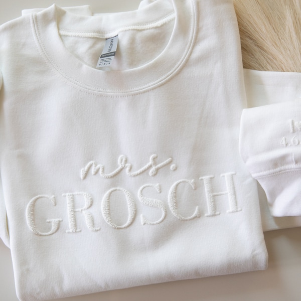 Personalized Mrs Sweatshirt, Custom Wedding Gift, Anniversary Gift for Her, Mrs Neckline Embossed Sweater, Wedding Date Sleeve, Bride To Be