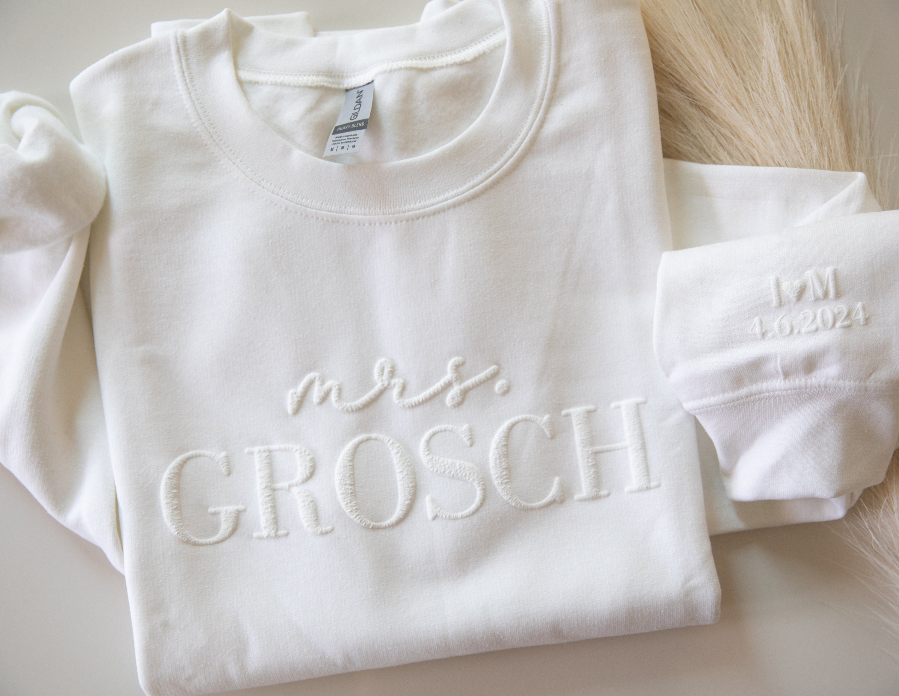 Personalized Mrs Sweatshirt, Custom Wedding Gift, Anniversary Gift for Her, Mrs Neckline Embossed Sweater, Wedding Date Sleeve, Bride To Be