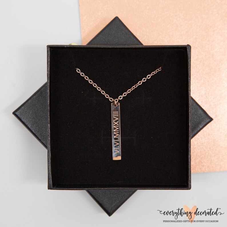 Bridesmaid Gift Dainty Personalized Gold Bar Silver Bar Necklace Engraved Long Charm Dainty Roman Numeral Necklace