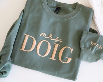 Custom Mrs. Sweatshirt: Embossed Bride, New Last Name, Bridal Shower Gift