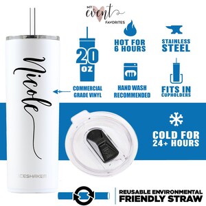 May include: White stainless steel tumbler with a black inscription that reads "Nicole". The tumbler is 20 ounces and has a reusable straw. It is insulated to keep drinks hot for 6 hours and cold for 24 hours. The tumbler is hand wash only and fits in cup holders.