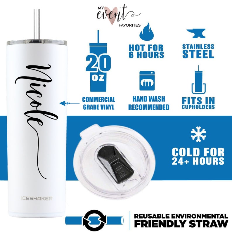 May include: White stainless steel tumbler with a black inscription that reads "Nicole". The tumbler is 20 ounces and has a reusable straw. It is insulated to keep drinks hot for 6 hours and cold for 24 hours. The tumbler is hand wash only and fits in cup holders.
