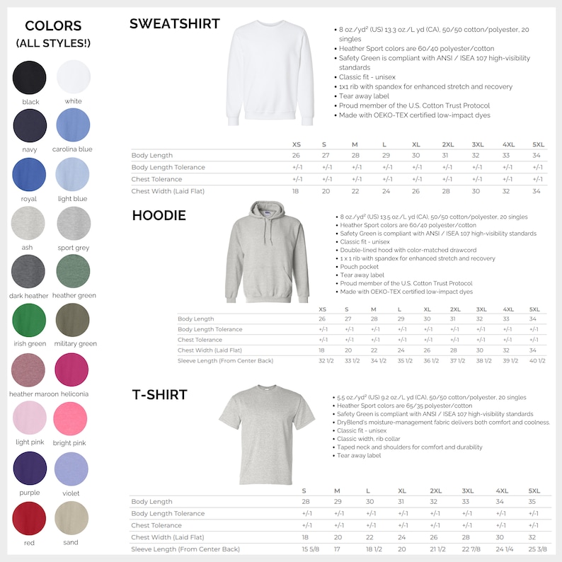 K&ouml;nnte beinhalten: Ein Produktkatalog zeigt ein wei&szlig;es Sweatshirt, einen grauen Hoodie und ein graues T-Shirt. Farbmuster umfassen Schwarz, Wei&szlig;, Marineblau und Rot. Gr&ouml;&szlig;entabellen sind f&uuml;r jedes Kleidungsst&uuml;ck mit Ma&szlig;en in cm angegeben.