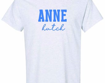 Anne Hutch Ash T-Shirt with Royal Blue Puff OR Royal Blue Crewneck T-Shirt with White Puff