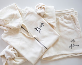 Gift Set for Bride or Bridal Party with Title, Name, Date - Bridal Shower or Bridal Proposal Gift - Zip Up Sweatshirt with Joggers or Shorts