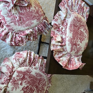 3 Red & Cream Drop Down Ruffled Tie Cushion Chair Covers Toile Cottage Country Scene Shabby Chic Vintage Thick Custom Made Quality Fabric