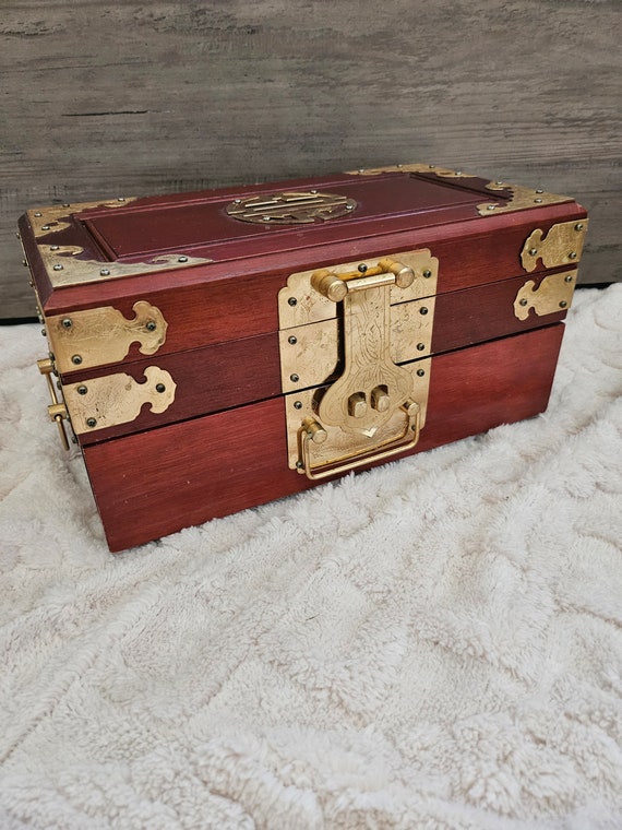 Large Vintage Chinese Wood Box Jewelry Metal acce… - image 1
