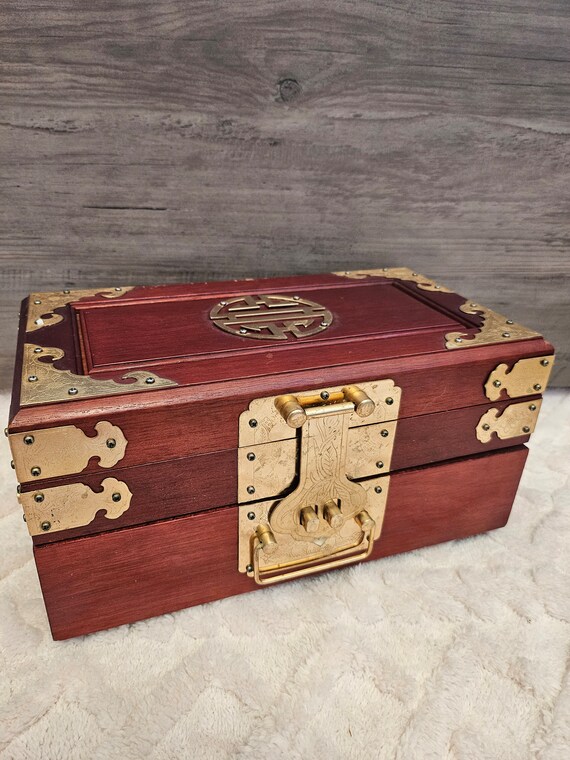Large Vintage Chinese Wood Box Jewelry Metal acce… - image 8