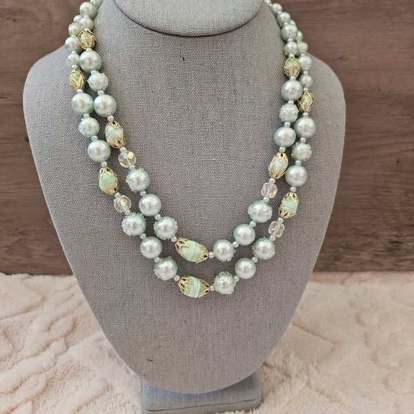 Vintage Layered Faux Pearl Faceted Caged Embellished Beaded Necklace Double Wrap Strand Signed Japan Light Green
