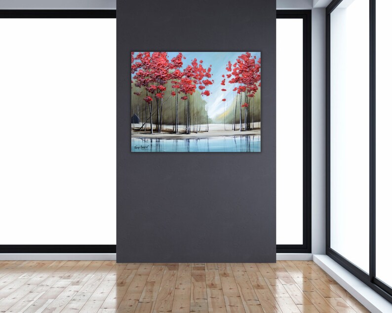 Digital Red Tree Wall Art, Lake Wall Art, Nature Decor Landscape Wall Art, Blue Sky Wall Art