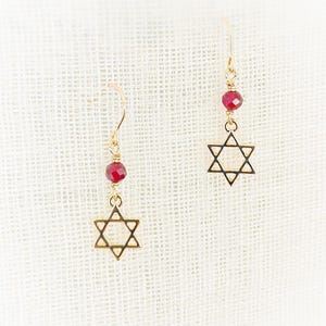 YUANWELLNESS: Handmade Six Pointed Star with Garnet Earring, 14K golden filled hook, Positivity, Happiness, ONLY ONE