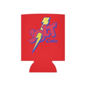 May include: Red can cooler with a blue and yellow Jolt Cola logo. The logo features a lightning bolt and the text "Jolt Cola".
