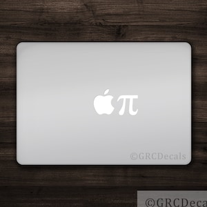 May include: A white sticker with a stylised apple logo and the mathematical symbol pi on a silver laptop.