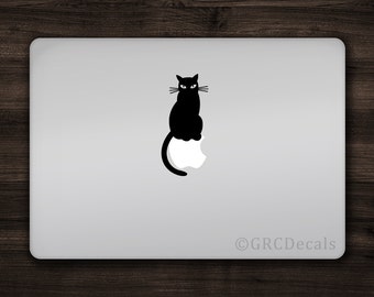 Cat - Mac Apple Logo Cover Laptop Vinyl Decal Sticker Macbook Unique Kitten Puppy Perch