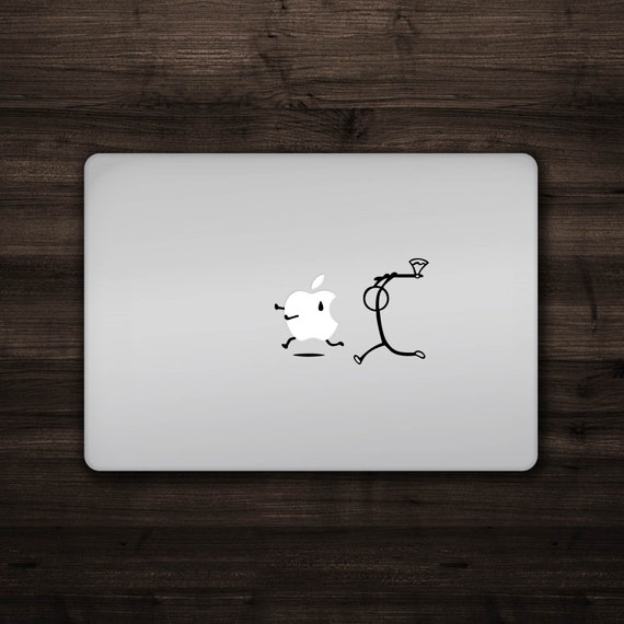Stick Figure Chasing Apple Mac Apple Logo Cover Laptop Vinyl Decal