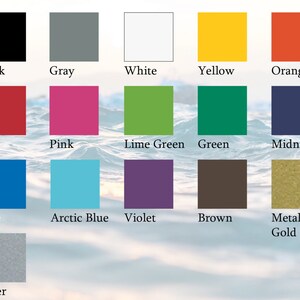 May include: A chart of 14 colour swatches, including black, grey, white, yellow, orange, red, pink, lime green, green, midnight blue, blue, arctic blue, violet, brown, metallic gold, and silver.