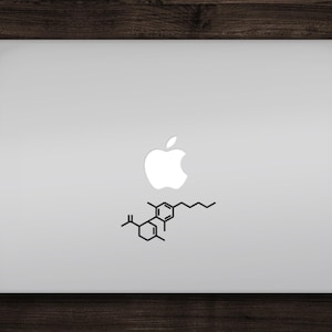 May include: A silver laptop computer with a white Apple logo and a black chemical structure sticker on the lid.
