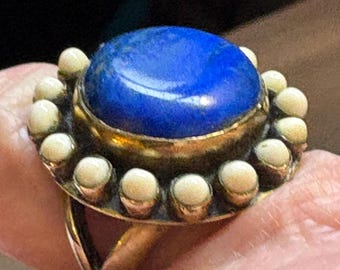 Vintage Lapis Lazuli, Bone, and Brass Ladies Handmade Ring