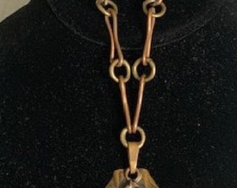 Vintage 1950'S Mexican Copper Handmade Large Signed Pendant W/Handmade Long Chain