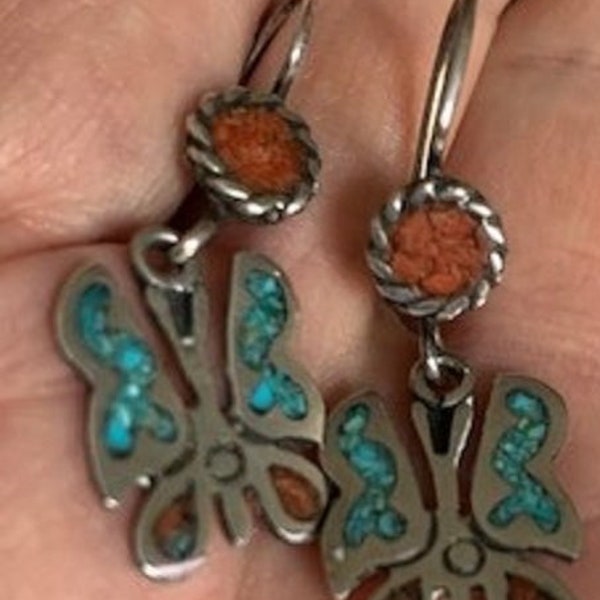 Vintage Native American Sterling, Turquoise And Coral Butterfly Pierced Earrings