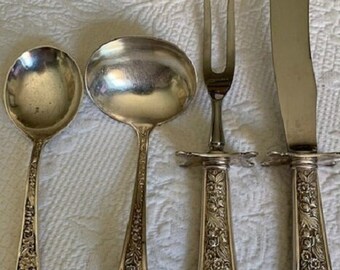Vintage 1940s Stieff Corsage Sterling Silver Carving Set, Gravy Ladle And Soup Spoon