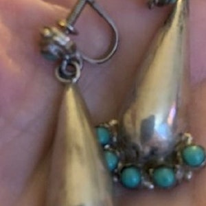 Vintage 1930S Mexican Sterling And Turquoise Puffy Screw Back Earrings