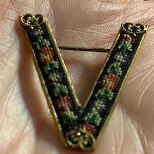 Vintage Petit Point And Brass Victory Pin From World War l or World War ll