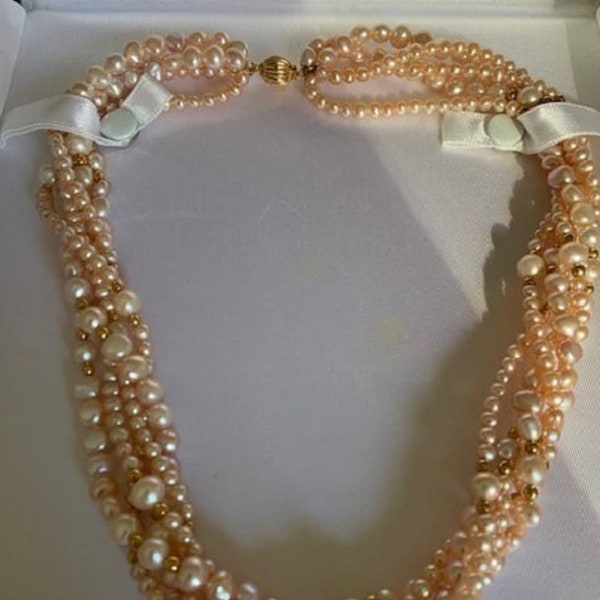 Multi-Strand Pale Pink Fresh Water Pearl 14KT Gold Choker Necklace W/Gold Beads