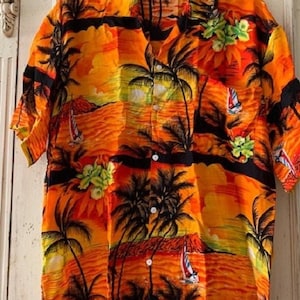 Vintage Folio 100% Rayon Size Large Bright Orange, Black, Yellow, Green and Red Hawaiian Shirt