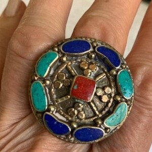 Vintage Large Real Turquoise, Lapis And Coral Silver Plated Ring