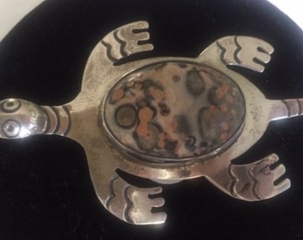 Vintage Large Sterling Silver and Stone Mexican Turtle Brooch