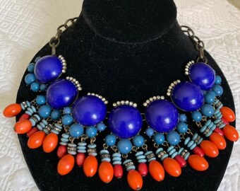 Vintage 1990'S Cobalt Blue And Coral Stunning Large Bib Necklace