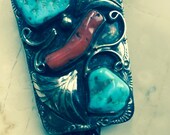 Vintage 1960 39 S Sterling,Turquoise Coral Native American Large Bolo