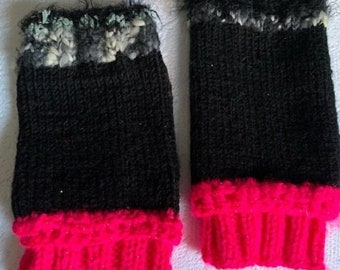 Handmade Knitted Black and Hot Pink Colorful Fingerless Chic Winter Gloves
