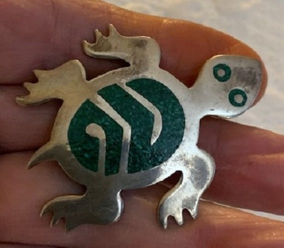 Vintage Mexican Sterling And Stone Turtle Brooch … - image 2