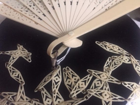 Antique Cream Celluloid Ribbon Fan On Long Lacy C… - image 5