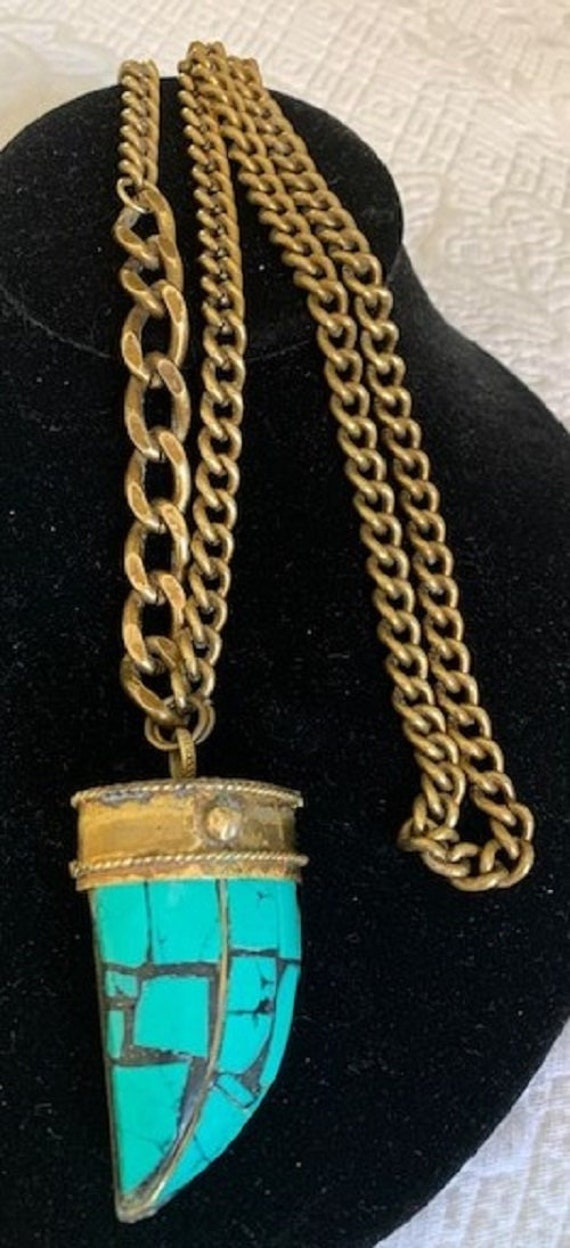 Vintage 1970'S or 80'S Large Turquoise Brass Toot… - image 1