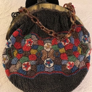 Antique Victorian Multi Colored Beaded Handbag W/Tortoiseshell Frame & Link Handle