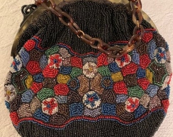 Antique Victorian Multi Colored Beaded Handbag W/Tortoiseshell Frame & Link Handle