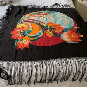 Vintage Black Silk Hand Painted Very Large Fringed Scarf Made In Hawaii